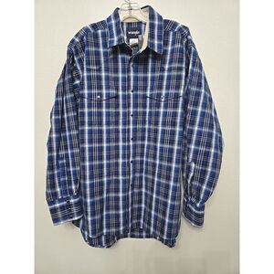Wrangler Pearl Snap Shirt Mens‎ XL Blue White Plaid Cowboy Western Long Sleeve